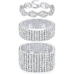 🔥 Fibo Steel Stretch Bracelets Women Silver Rhinestone Sparkly Tennis Jewelry